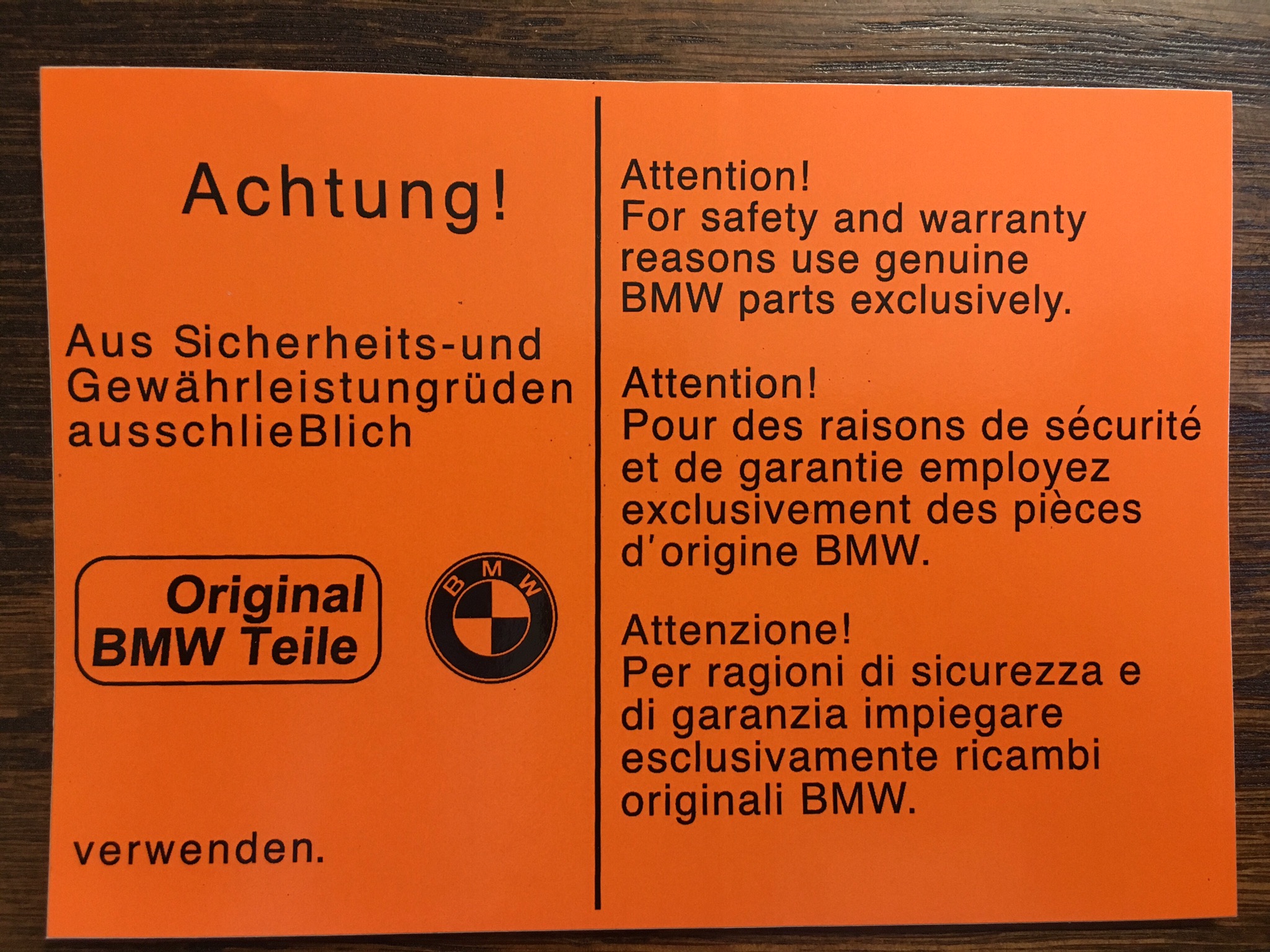 Engine Compartment Orange Sticker for Late Model 76 |﻿ BMW 2002 and ...