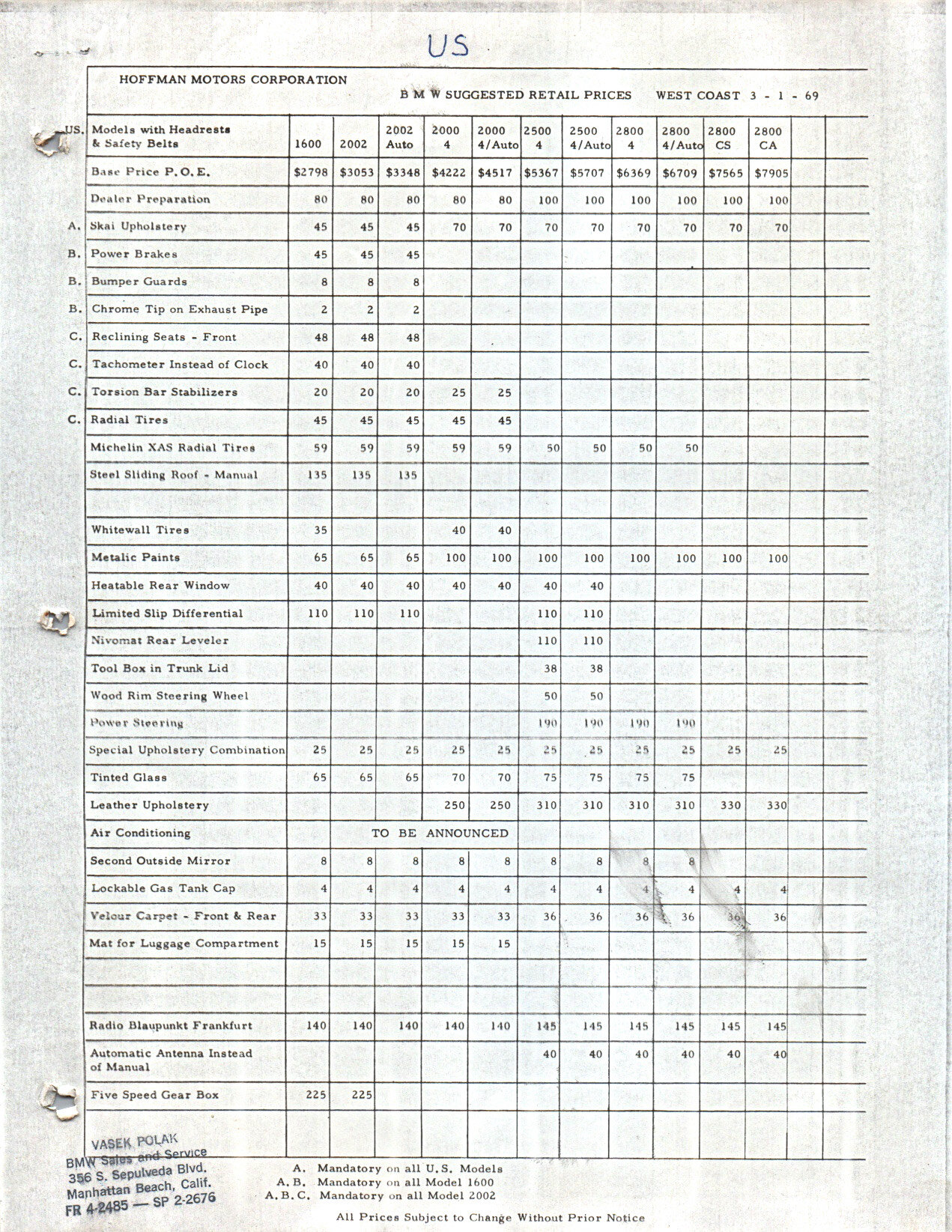 Hoffman Motors Price Sheet for BMW 1600 Alpina Conversion ﻿ BMW 2002ti